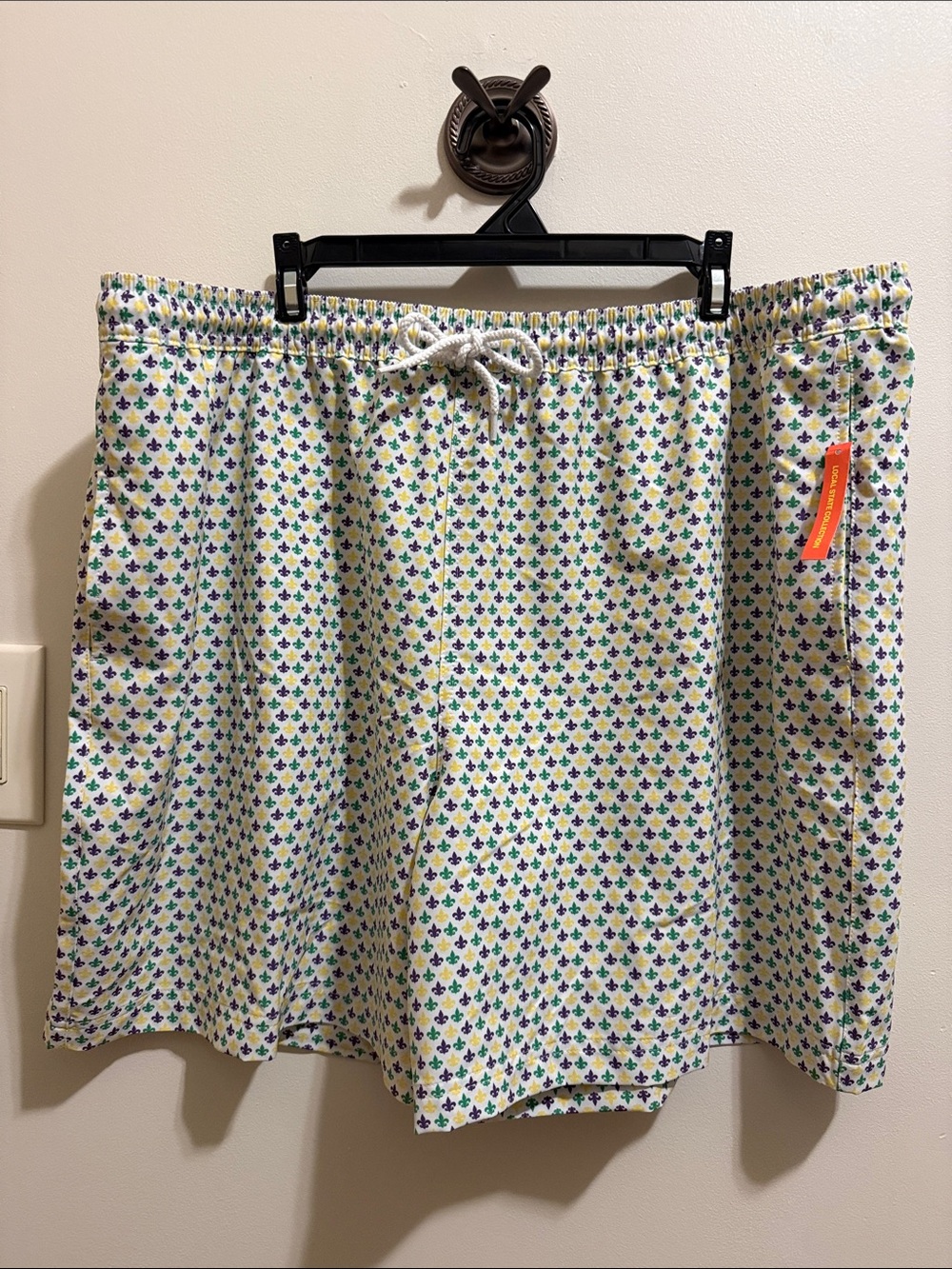 Men's Mardi Gras Swim Trunks with Purple, Green & Gold Micro flur de lis Pattern